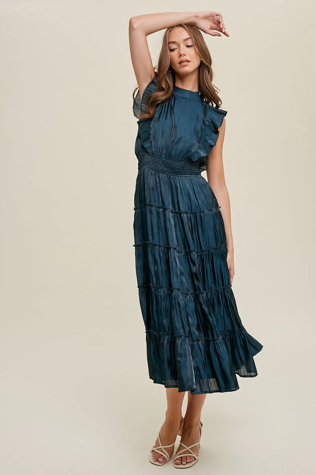 Organza Tiered Midi Dress With Ruffle Detail