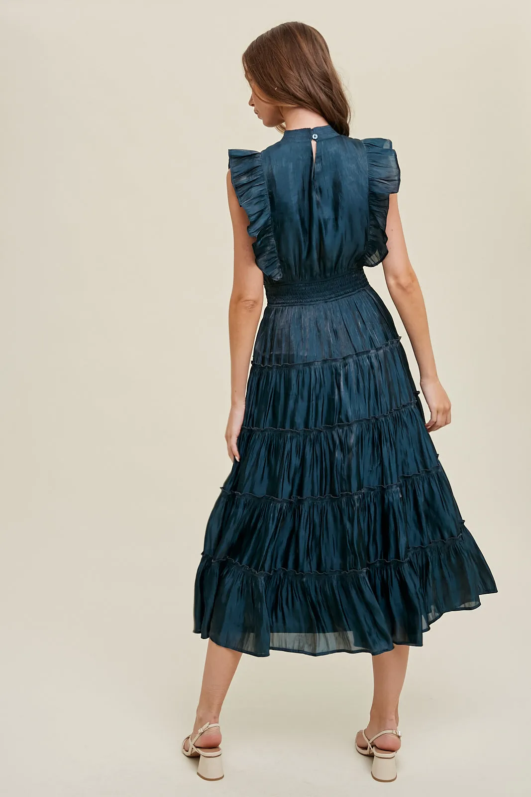 Organza Tiered Midi Dress With Ruffle Detail