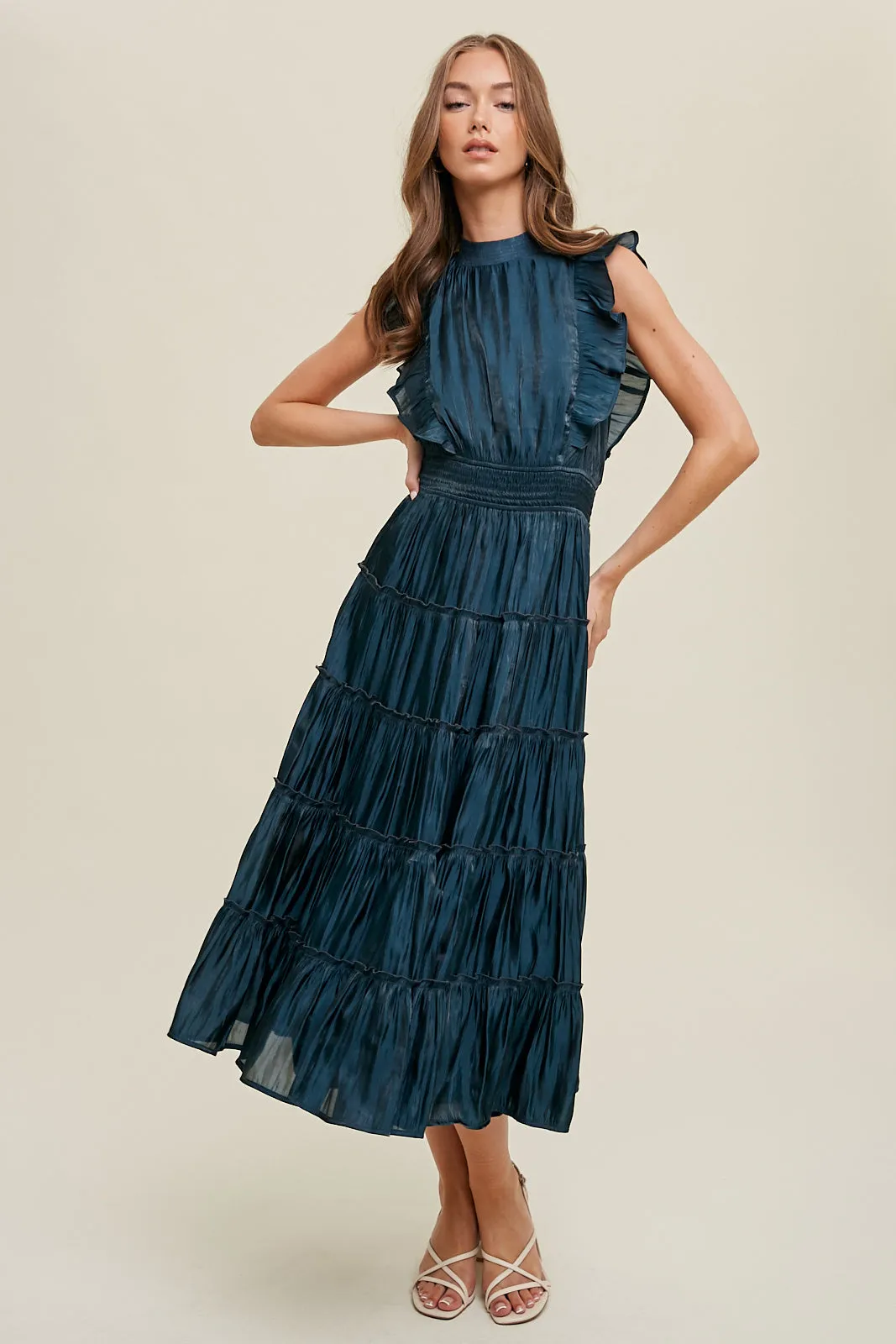 Organza Tiered Midi Dress With Ruffle Detail