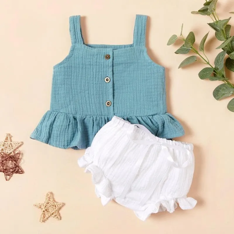 Solid Slip Botton Front Top and Shorts Set