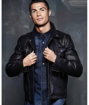 Stylish Black Leather Jacket Worn By Cristiano Ronaldo | Cristiano Ronaldo Stylish Black Leather Jacket