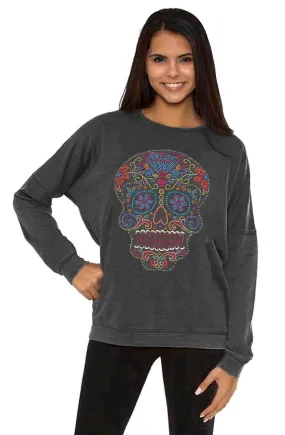 Sugar Skull Sweatshirt Women's Vintage Wash Colorful Rhinestones