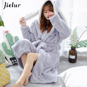 Super Comfortable Coral Velvet Bathrobe Women Warm Hooded Robe