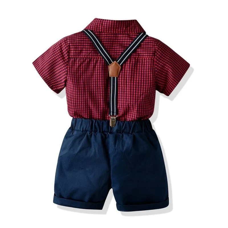 Toddler/Kid Gentleman Bow Tie Plaid Shirt and Suspender Shorts Set (2 Colors)