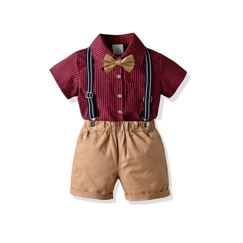 Toddler/Kid Gentleman Bow Tie Plaid Shirt and Suspender Shorts Set (2 Colors)