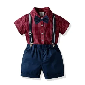 Toddler/Kid Gentleman Bow Tie Plaid Shirt and Suspender Shorts Set (2 Colors)
