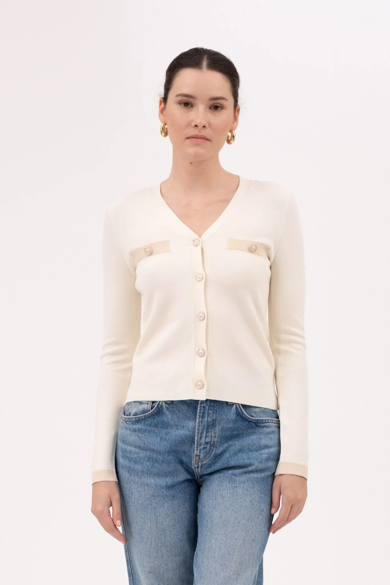 V NECK PEARL BUTTON DOWN KNIT CARDIGAN
