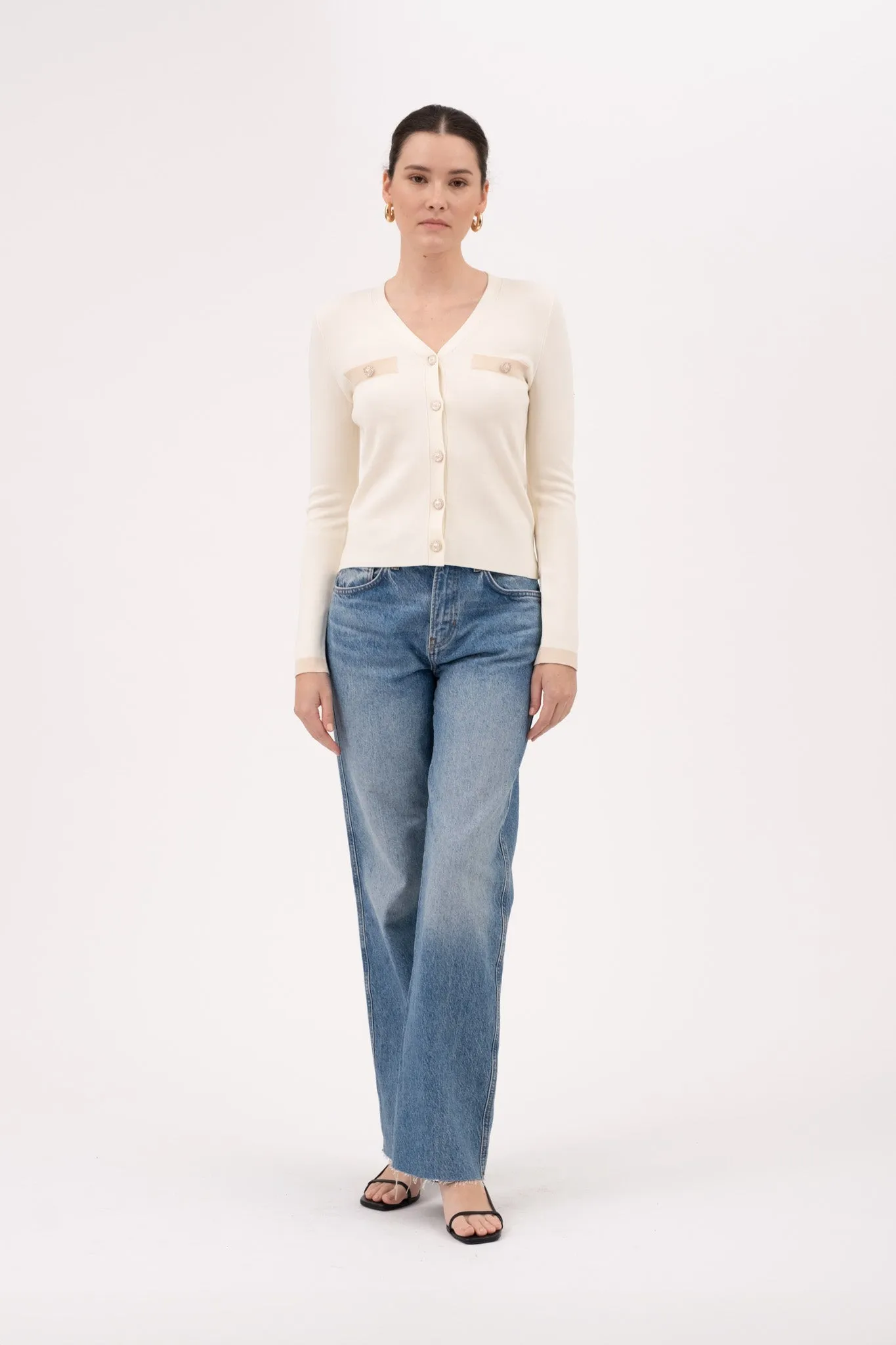 V NECK PEARL BUTTON DOWN KNIT CARDIGAN