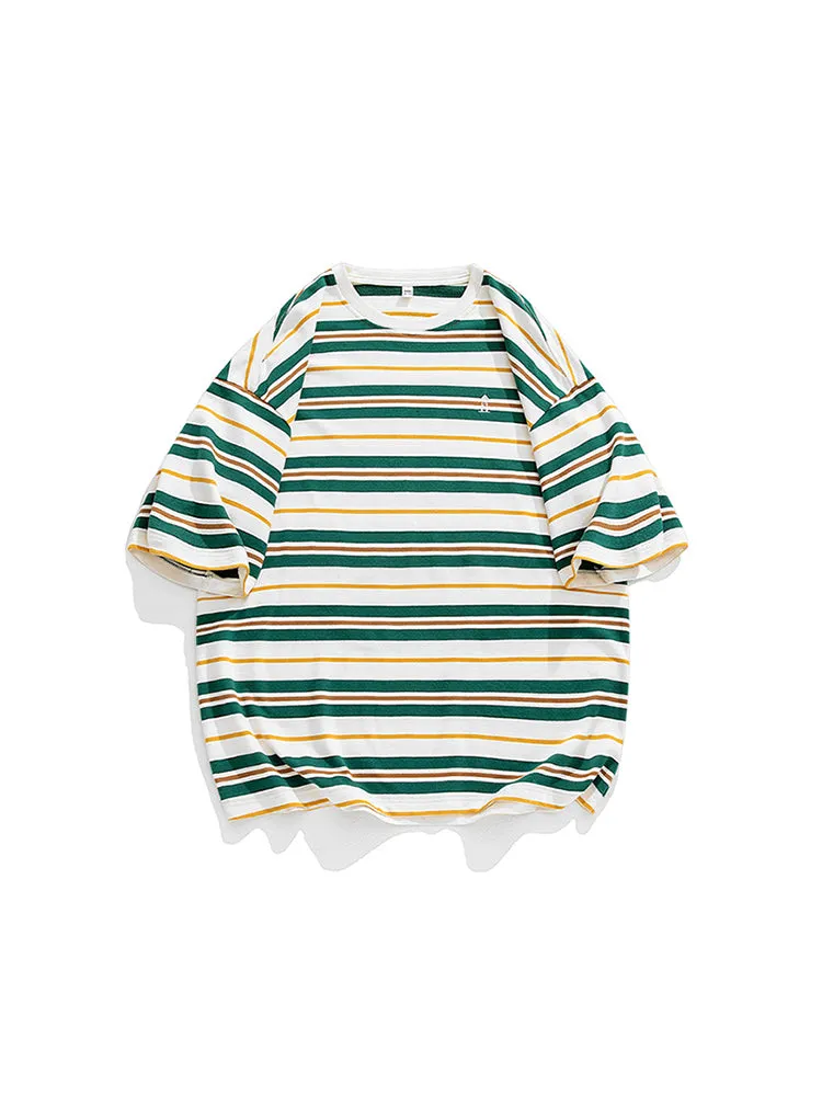 Vintage Loose Trendy Embroidery Men'S Stripes Tee
