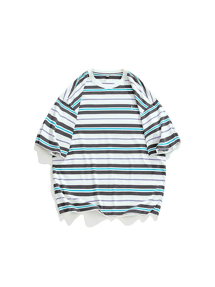 Vintage Loose Trendy Embroidery Men'S Stripes Tee