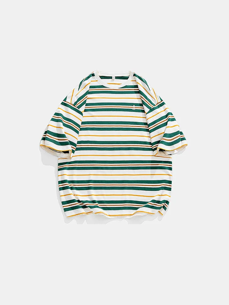 Vintage Loose Trendy Embroidery Men'S Stripes Tee