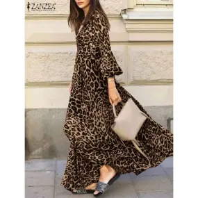 Women's Long Sleeve Leopard V-Neck Maxi Dresses