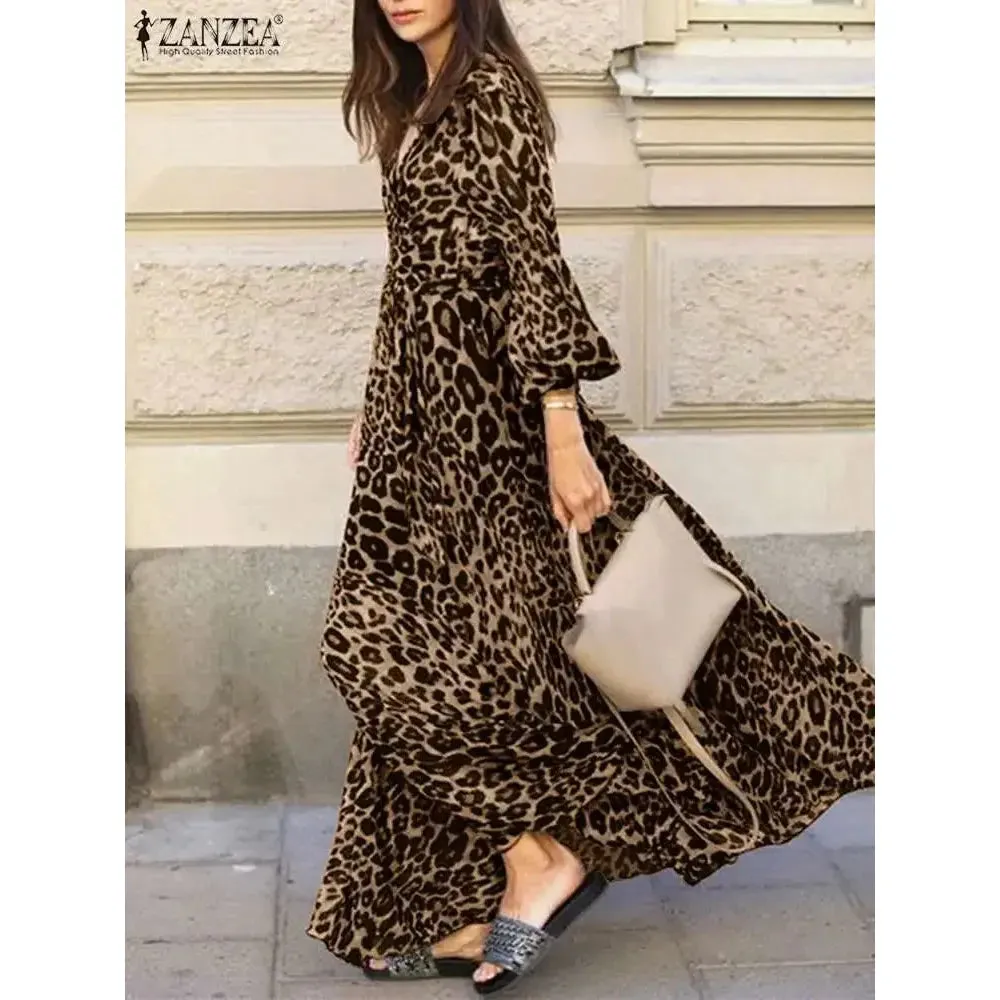 Women's Long Sleeve Leopard V-Neck Maxi Dresses