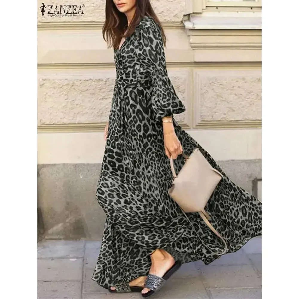 Women's Long Sleeve Leopard V-Neck Maxi Dresses